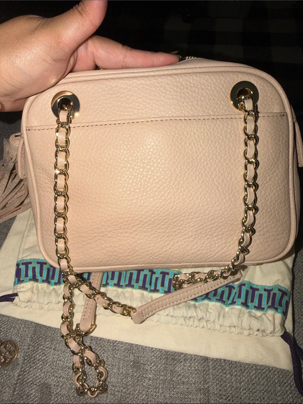 Tory Burch Blush Pebbled Leather Chain-Strap Crossbody